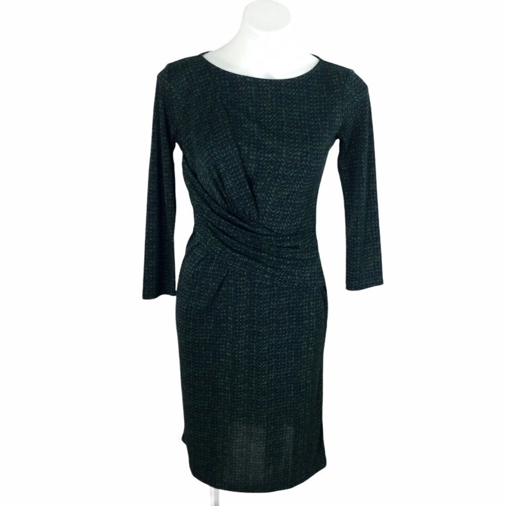 TALBOTS Green & Blue Print Ruched Jersey Knit Dress Size XS